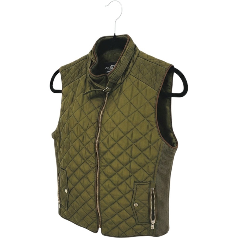 Shinestar Olive Green Quilted Vest Womens Medium Brown Piping Ribbed HJ8174S